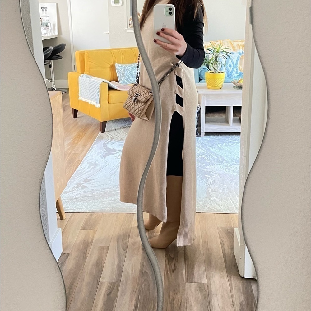 Love Token Beige Open Sides Turtleneck Midi Sweater Dress